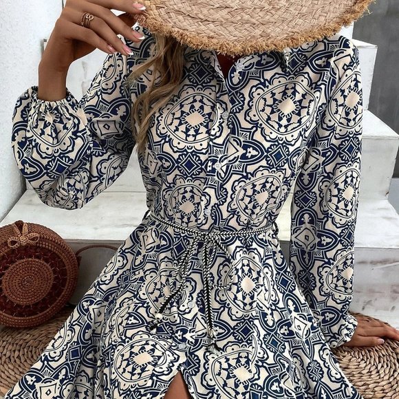 Boho Random Allover Print Belted Shirt Dress - Picture 3 of 5